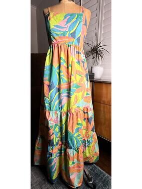 Sincerely Jules Tropical Palm Print Maxi Dress Smocked Tiered Cotton Sundress S